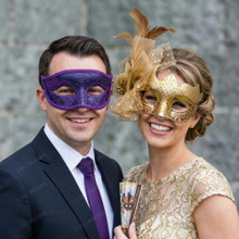 Venetian Elegant Glitter Feather Mesh Couple Masquerade Eyes Masks - Purple Gold