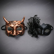 Horned Metallic Bronze Devil And Black Lace Feather Side Couples Masquerade Mask - Bronze Black