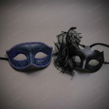Venetian Glitter Filigree Scroll Side Flower Feather Women Men Masquerade Mask - Purple Black