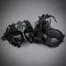 Roman Greek Emperor And Elegant Lace Flower Feathers Couple Masquerade Masks - Black