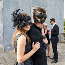 Roman Greek Emperor And Elegant Lace Flower Feathers Couple Masquerade Masks - Black