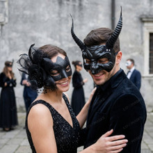 Gothic Horned Devil and Side Lace Tulle Feather Men Women Masquerade Masks - Black