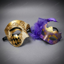 Venetian Phantom Harlequin and Purple Feather Flower Couples Masquerade Mask - Gold Purple