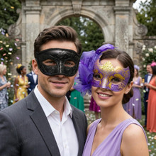 Elegant Scrollwork Side Feather Flower Couple Masquerade Eyes Mask - Black Purple Gold