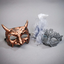 Bronze Horned Demon and Silver Floral Feather Lace Men Women Mask - Bronze Silver