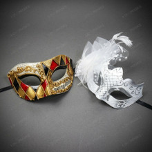 Harlequin Music Note And White Feather Lace Couple Masquerade Eyes Mask - Gold White Silver