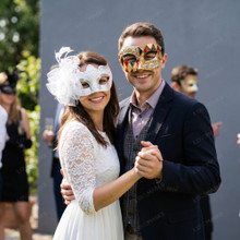 Harlequin Music Note And White Feather Lace Couple Masquerade Eyes Mask - Gold White Silver