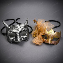 Horned Devil and Gold Feather Mesh Venetian Couples Masquerade Masks - Silver Gold