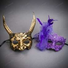 Mythical Horned Demon and Elegant Purple Lace Feather Couple Masks - Gold Purple