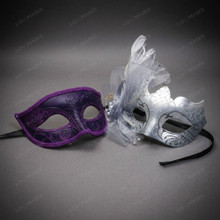 Venetian Elegant Glitter Floral Feather Women Masquerade Eyes Mask - Purple Silver