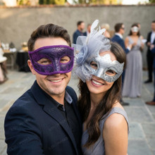 Venetian Elegant Glitter Floral Feather Women Masquerade Eyes Mask - Purple Silver