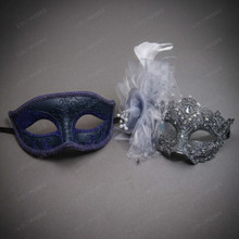 Venetian Scroll and Lace Flower Feather Couple Masquerade Mask - Blue Silver