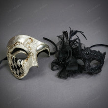 Venetian Phantom Harlequin And Lace Flower Women Men Masquerade Masks - Silver Black