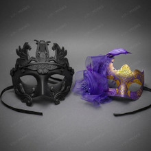 Roman Pegasus Greek Lyre And Glitter Feather Party Masquerade Eyes Mask - Black Purple Gold