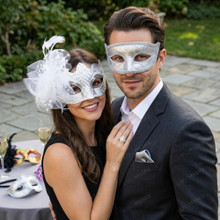 Elegant Glitter Lace Feather Flower Women Masquerade Ball Eye Mask - Silver White
