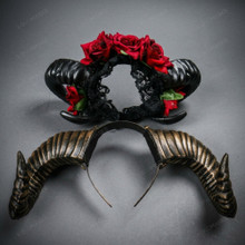 Gothic Floral Ram Horn Red Rose Women Masquerade Costume Headpiece Mask - Black Red Gold