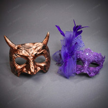 Rustic Bronze Horned Devil Purple Feathered Lace Couples Masquerade Masks - Bronze Purple
