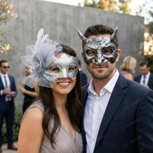 Horned Devil and Silver Glitter Flower Venetian Masquerade Couple Mask - Silver Black