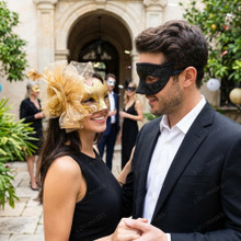 Venetian Ornate Floral Side Feather Glitter Couples Masquerade Eyes Mask - Black Gold