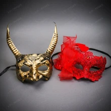 Vintage Horned Devil Elegant Lace Feather Men Women Masquerade Ball Mask - Gold Red