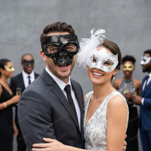 Gothic Barbed Wire Skull and Elegant Feather Mesh Couples Masquerade Mask - Black White