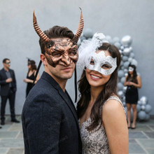 Mythical Horned Devil and Elegant Feather Lace Couples Masquerade Mask - Copper White