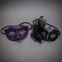 Venetian Elegant Glitter Scroll and Side Flower Women Masquerade Masks - Purple Black