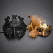 Roman Greek Pegasus and Gold Glitter Ribbon Feather Couple Masquerade Masks - Black Gold