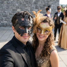 Roman Greek Pegasus and Gold Glitter Ribbon Feather Couple Masquerade Masks - Black Gold