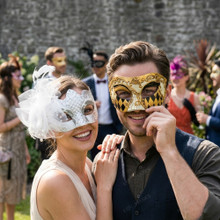 Venetian Harlequin and Feathered Glitter Couples Masquerade Mask - Gold White Silver