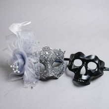 Elegant Glitter Lace Flower And Skull Men Women Masquerade Masks Duo - Silver Black
