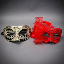 Venetian Harlequin and Red Lace Feather Couples Masquerade Eye Mask - Gold Black Red
