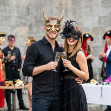 Mythical Horned Beast And Elegant Black Lace Floral Women Masquerade Mask - Gold Black
