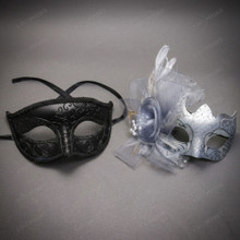 Elegant Venetian Floral Feather Glitter Filigree Couples Masquerade Mask - Black Silver