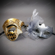 Venetian Harlequin Gold And Silver Feather Couples Masquerade Mask - Gold Silver