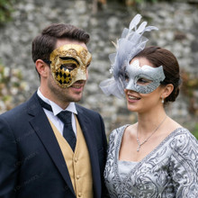 Venetian Harlequin Gold And Silver Feather Couples Masquerade Mask - Gold Silver