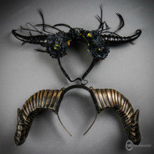 Evil Gothic Ram Horn Flower Feather Women Venetian Masquerade Mask - Black Gold