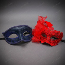Elegant Lace Feather and Glitter Swirl Couples Masquerade Masks - Navy Blue and Red
