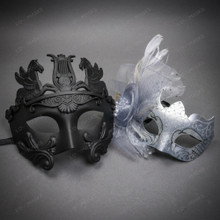 Roman Greek Pegasus Harp and Floral Feather Glitter Women Masquerade Masks - Black Silver
