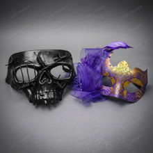 Gothic Skull and Purple Feather Venetian Couples Masquerade Mask - Black Purple Gold