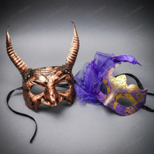 Mythical Horned Demon and Purple Feather Women Masquerade Eye Mask - Bronze Purple