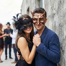 Bronze Devil Horns and Black Lace Feather Couples Masquerade Mask - Bronze Black