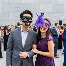 Elegant Feather Lace Women and Matte Skull Men Venetian Masquerade Mask - Purple Black
