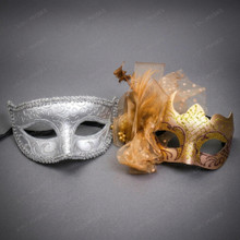 Elegant Venetian Glitter Side Feather Floral Couples Masquerade Mask - Gold Silver