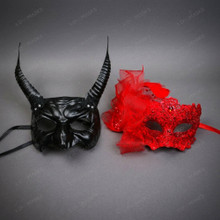 Horned Demon and Red Lace Feather Side Decoration Couple Masquerade Masks - Black Red