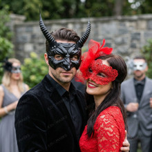 Horned Demon and Red Lace Feather Side Decoration Couple Masquerade Masks - Black Red