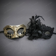 Venetian Harlequin Gold and Black Floral Lace Feather Couple Masquerade Masks - Black Gold