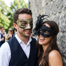 Venetian Harlequin Gold and Black Floral Lace Feather Couple Masquerade Masks - Black Gold