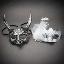 Horned Demon and Elegant White Lace Feather Couples Masquerade Mask - Silver White