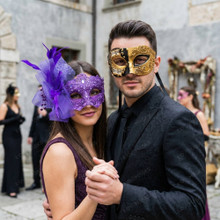 Venetian Music Note Filigree And Purple Lace Feather Couples Masquerade Masks - Black Gold Purple